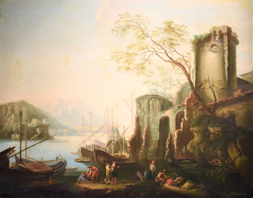 Abraham Teerlink (1776 -1857) - Coastal landscape with port scene and ruins